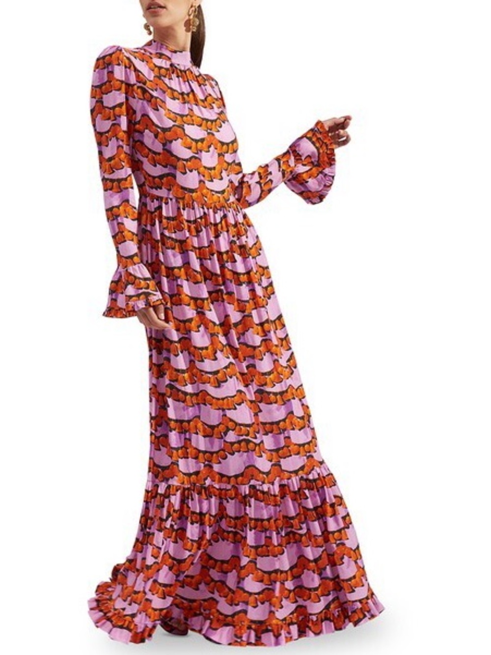 LA DoubleJ Pink and Orange Graphic Maxi Dress with Ruffled Sleeves